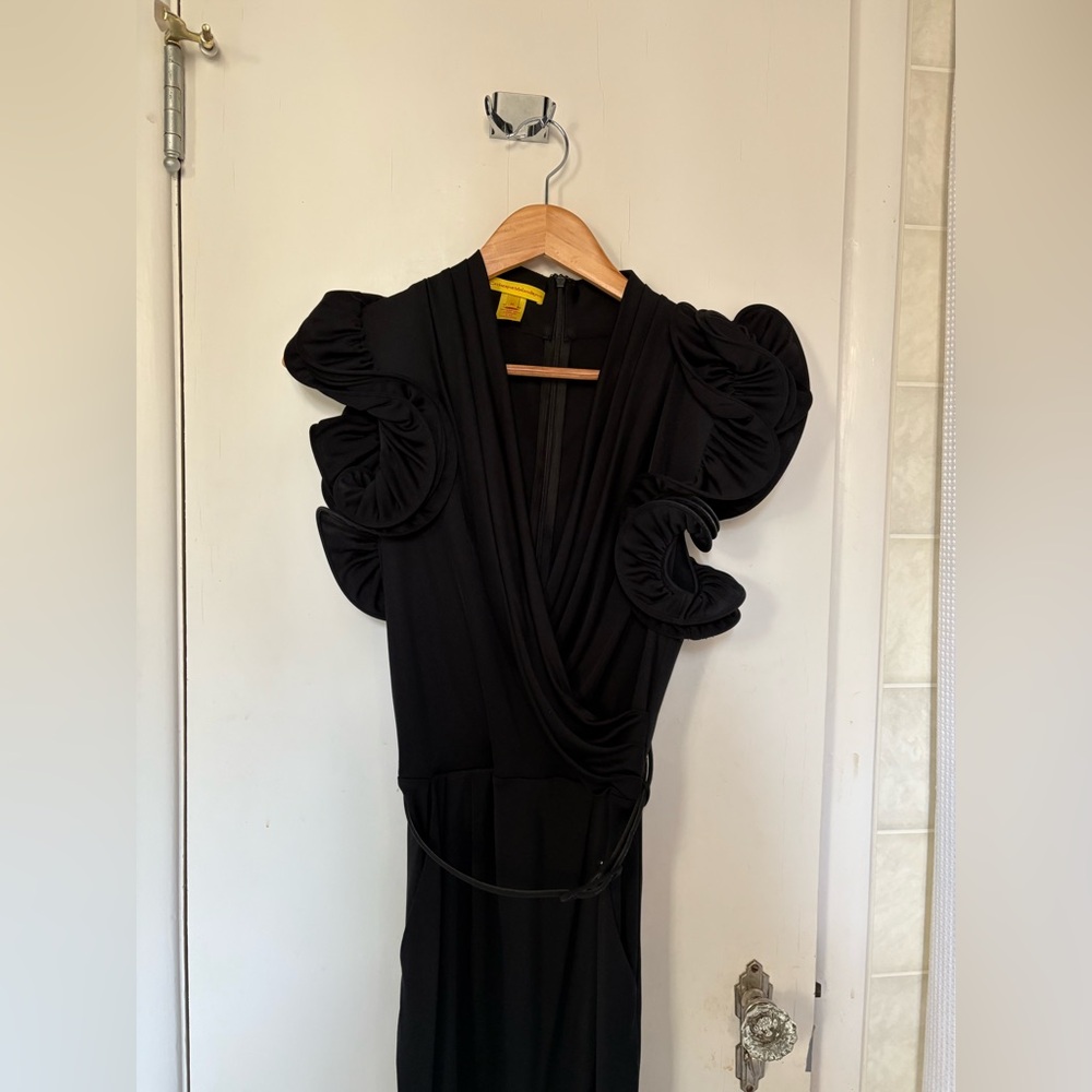 LBD belted ruffled sleeveless cross front dress